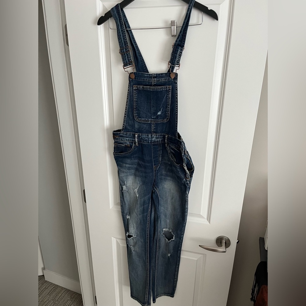 Denim distressed overalls